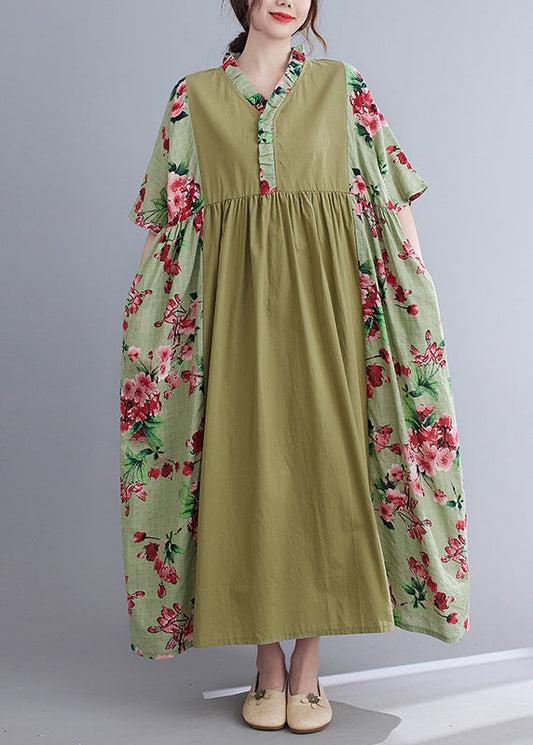 Green V Neck Patchwork Wrinkled Print Long Dresses Short Sleeve