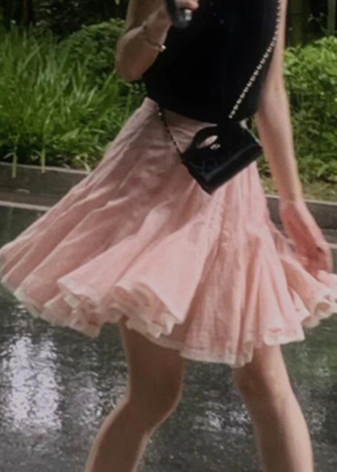 Simple Pink Lace Patchwork a Line Skirt Summer
