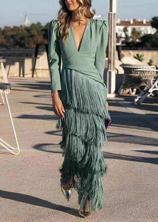 Green V Neck Tassel Patchwork Cotton Dress Spring