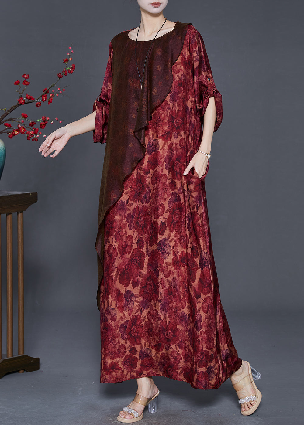 Red Asymmetrical Print Silk Robe Dresses Spring