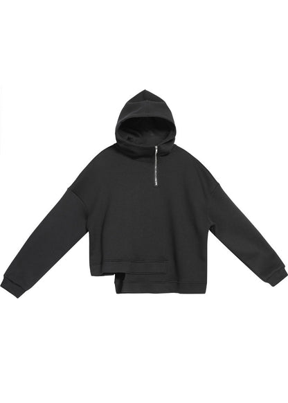 Black Hooded Zippered Asymmetrical Design Fall Sweatshirts Top