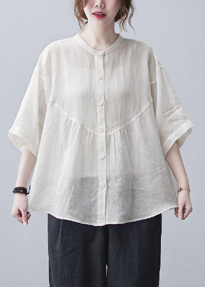 White Stand Collar Button Summer Cotton Linen Blouses
