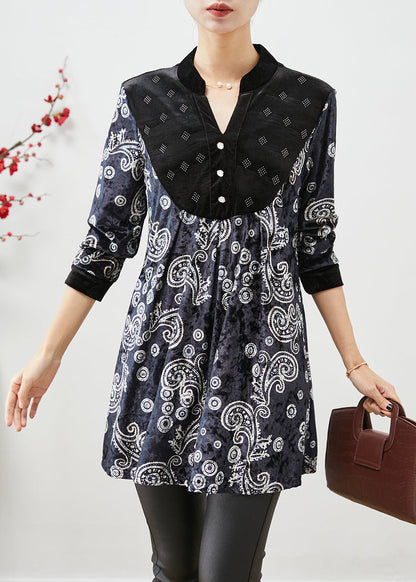 Black V Neck Patchwork Print Silk Velour Long Shirt Fall