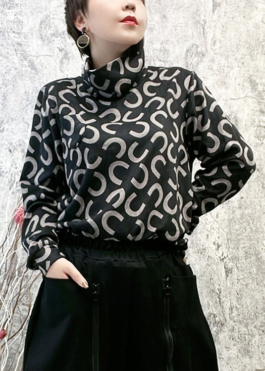 Italian Black Turtleneck Print Tops Long Sleeve