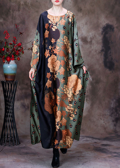 Green Print Silk Maxi Dress Batwing Sleeve