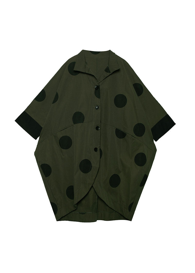 Loose Army Green Asymmetrical Design Peter Pan Collar Dot Print Trench Coats Spring
