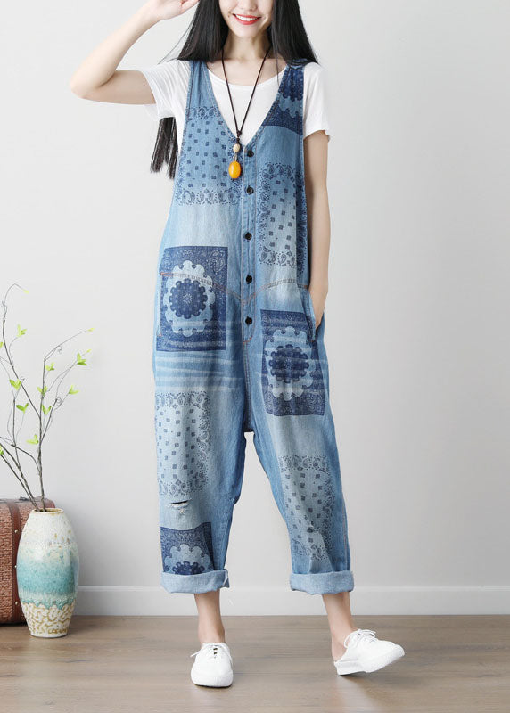 Loose Blue Hole V Neck Print Cotton Denim Jumpsuits Spring