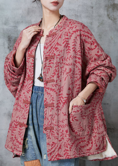 Red Oversized Print Cotton Coat Outwear Fall