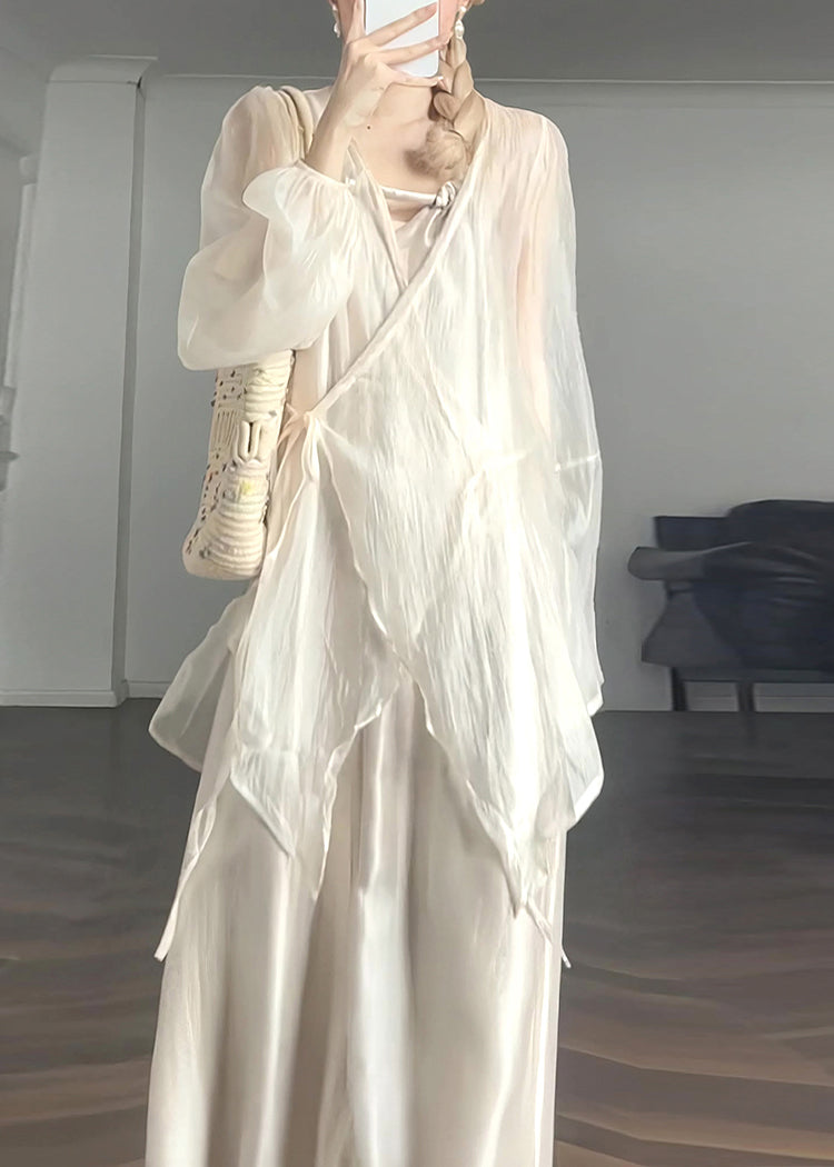 Loose Beige V Neck Silk Shirts and Spaghetti Strap Dress Two Piece Set Long Sleeve