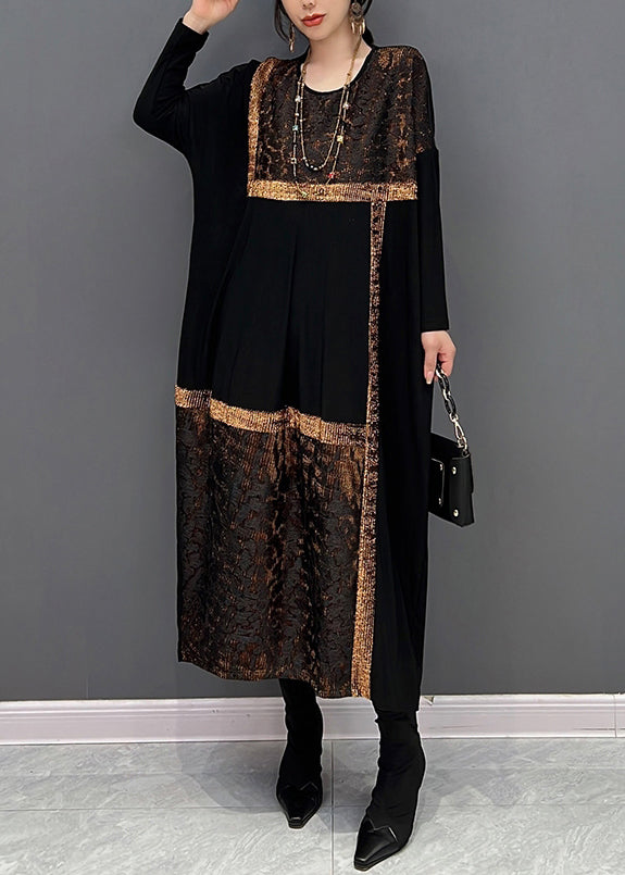 Black O-neck Print Patchwork Cotton Maxi Dresses Fall