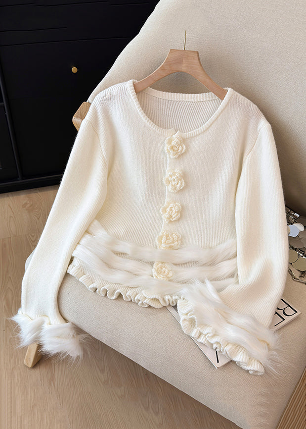 White Ruffled Cozy Patchwork Knit Sweater Tops