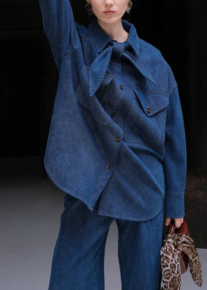Denim Blue Peter Pan Collar Button Shirt and Pants Two Pieces Set Spring