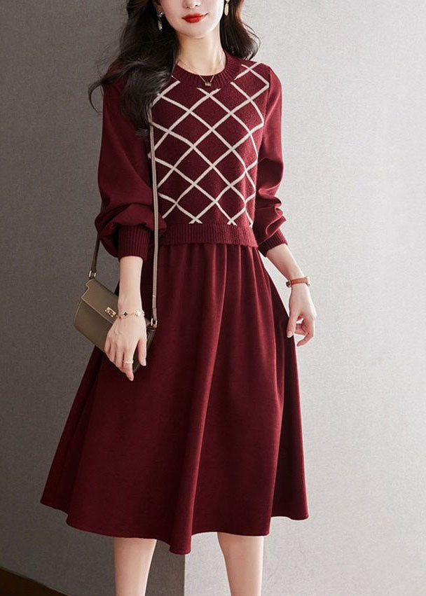 Red O Neck False Two Patchwork Wool Dresses Spring