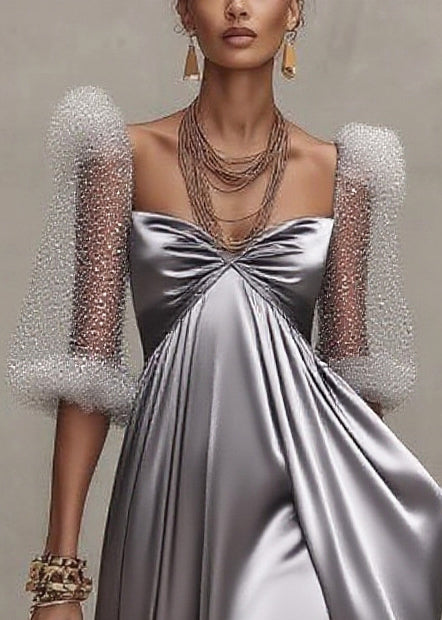 Grey Exra Large Hem Patchwork Tulle Evening Dress Puff Sleeve