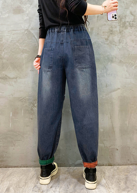 Blue Pockets Patch Elastic Waist Denim Pants Spring