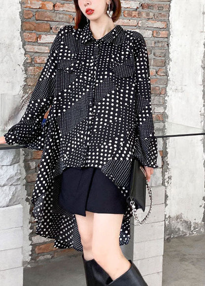 Diy Black Dot Asymmetrical Design Print Fall Shirts Long Sleeve Dress
