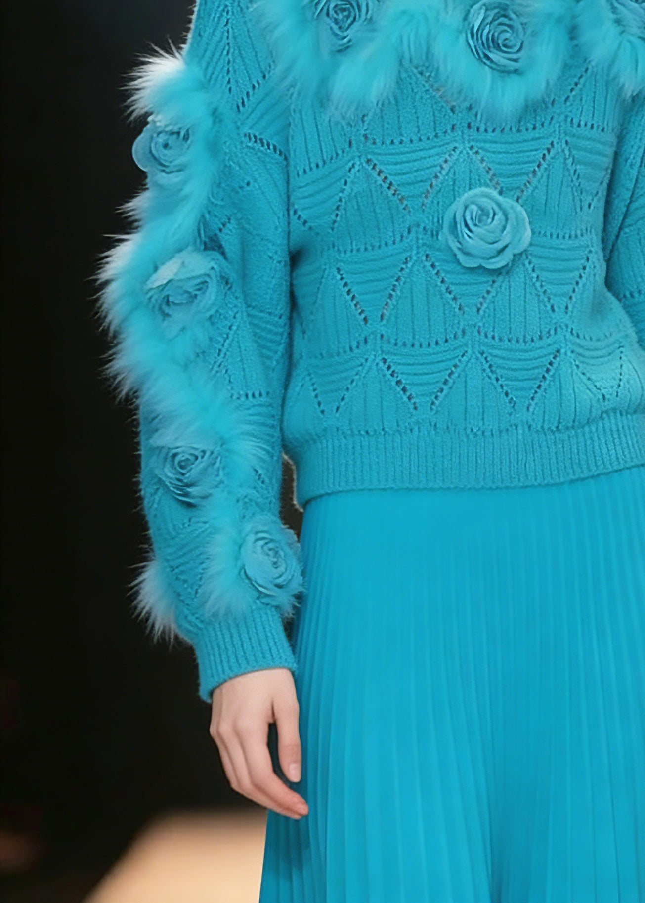 Classy Blue Fuzzy Fur Fluffy Cotton Knit Sweaters Spring