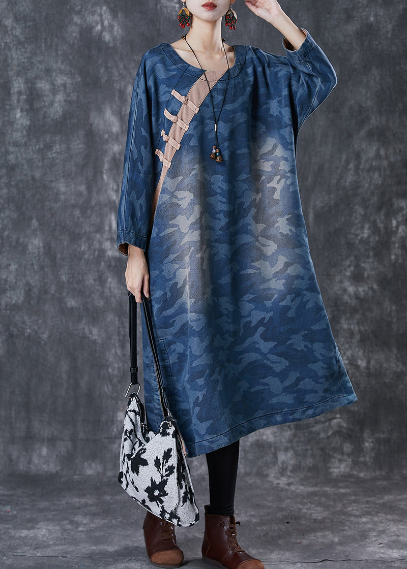 Blue Camouflage Print Chinese Button Denim Dress Spring