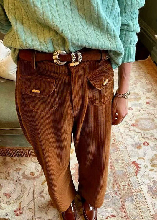 Brown Pockets High Waist Corduroy Pants Spring
