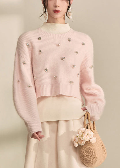 Pink O-neck Nail Bead Cotton Knit Short Sweater Fall