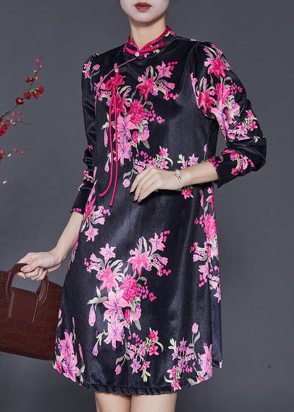 Chinese Style Black Print Silk Velour Mini Dresses Spring
