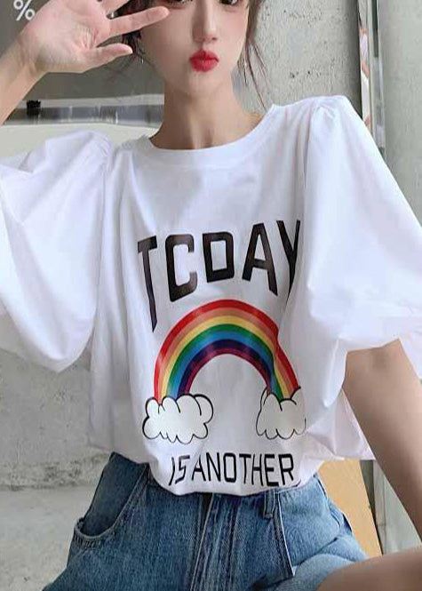 Rainbow Print Cotton T-shirts Puff Sleeve Summer