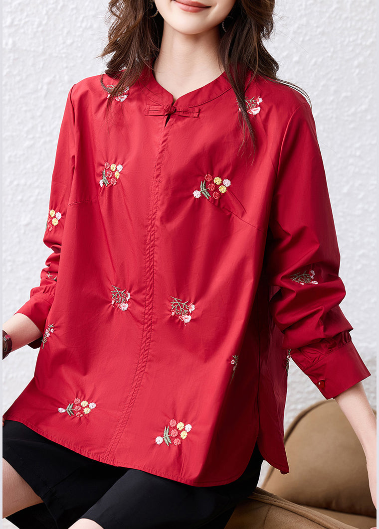 Black Embroidered Chinese Button Cotton Shirt Top Fall