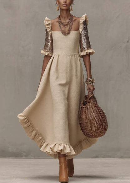 Beige Square Collar Ruffled Wrinkled Long Dress Summer