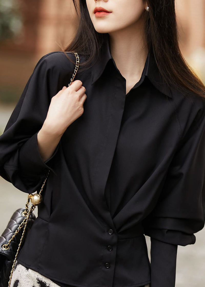 Modern Black Peter Pan Collar Patchwork Shirt Lantern Sleeve