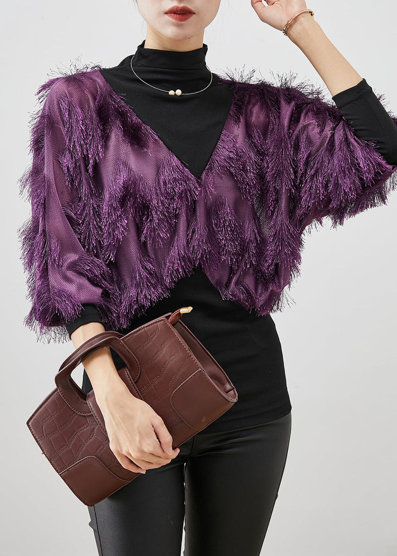 Purple Tasseled Patchwork Cotton Shirt Top Winter