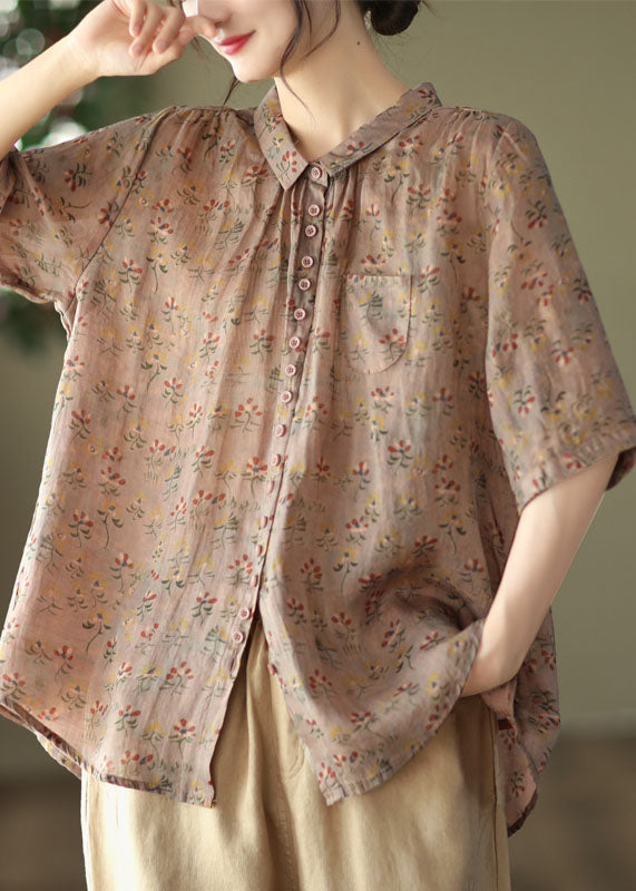 Yellow Peter Pan Collar Print Linen Shirt Tops Summer