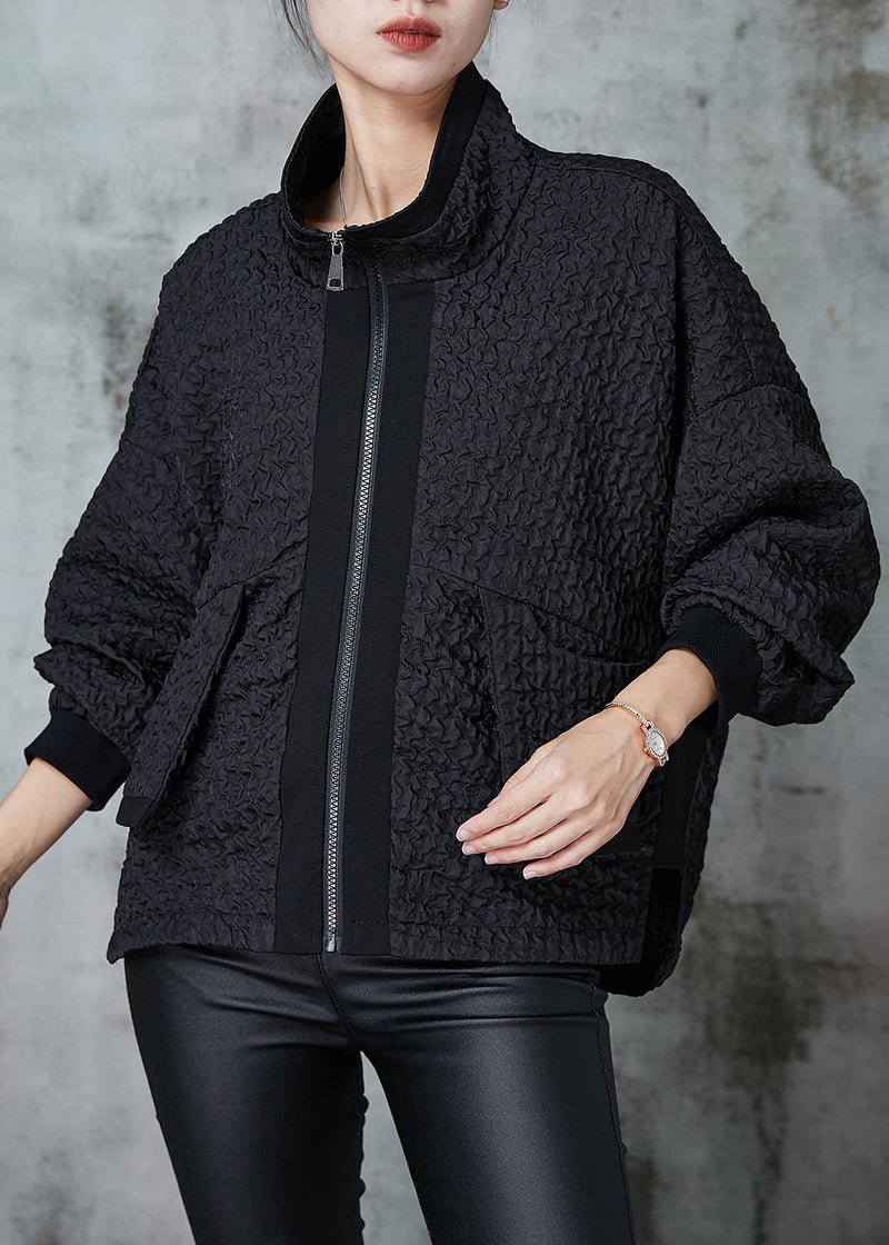 Black Zip Up Wrinkled Cotton Coat Outwear Spring