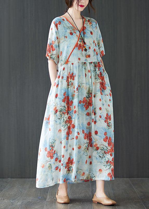 Comfy Orange Print V Neck Summer Short Sleeve Dresses