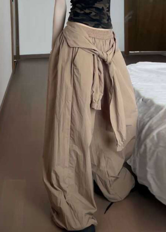 Khaki Pockets Elastic Waist Cotton Pants Summer