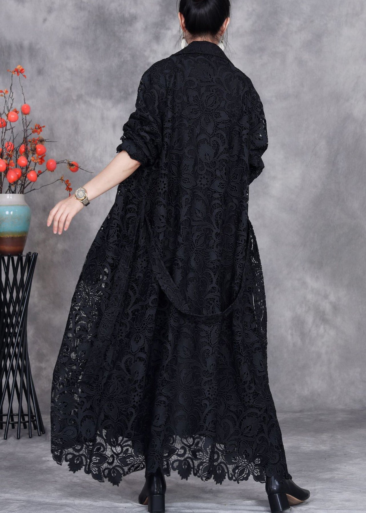 Black Button Lace Trench Coat Peter Pan Collar Fall