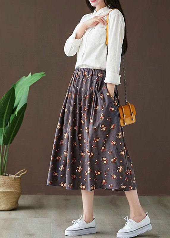 Grey Pockets Print Fall a Line Skirt