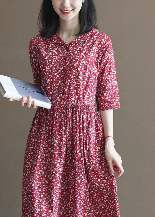 Red Cinched Print Button Cotton Long Dress Half Sleeve