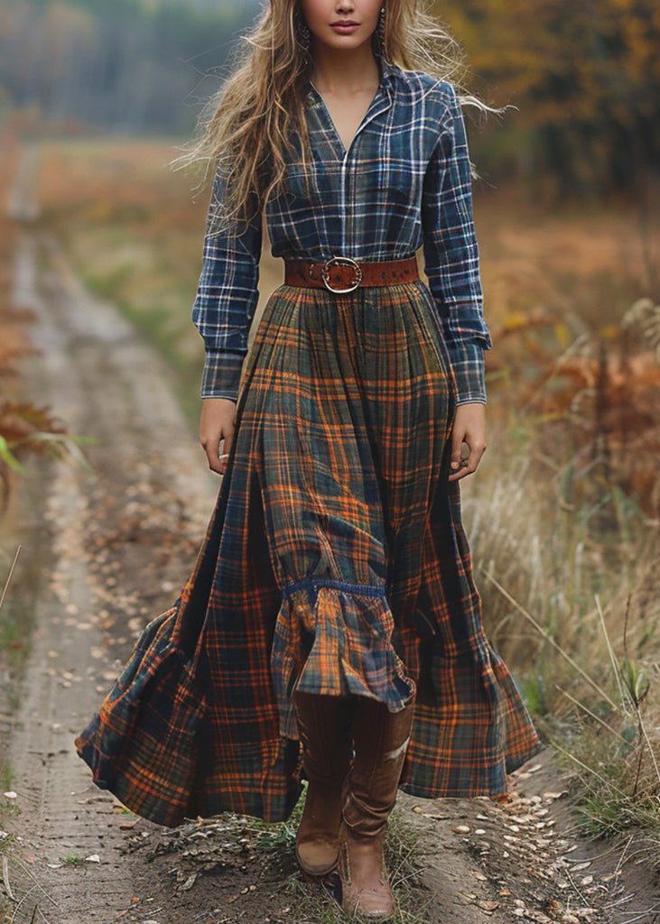 Pastoral Style Plaid Patchwork Cotton Dresses Long Sleeve Fall