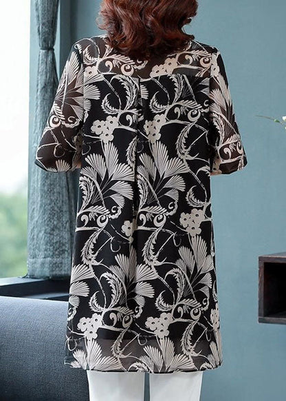 Black Turn-down Collar Print Draping Chiffon Long Shirt for Half Sleeve