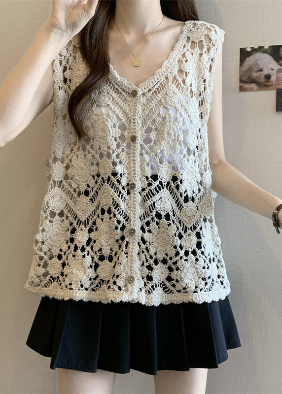 Apricot V Neck Hollow Out Knit Vest Sleeveless