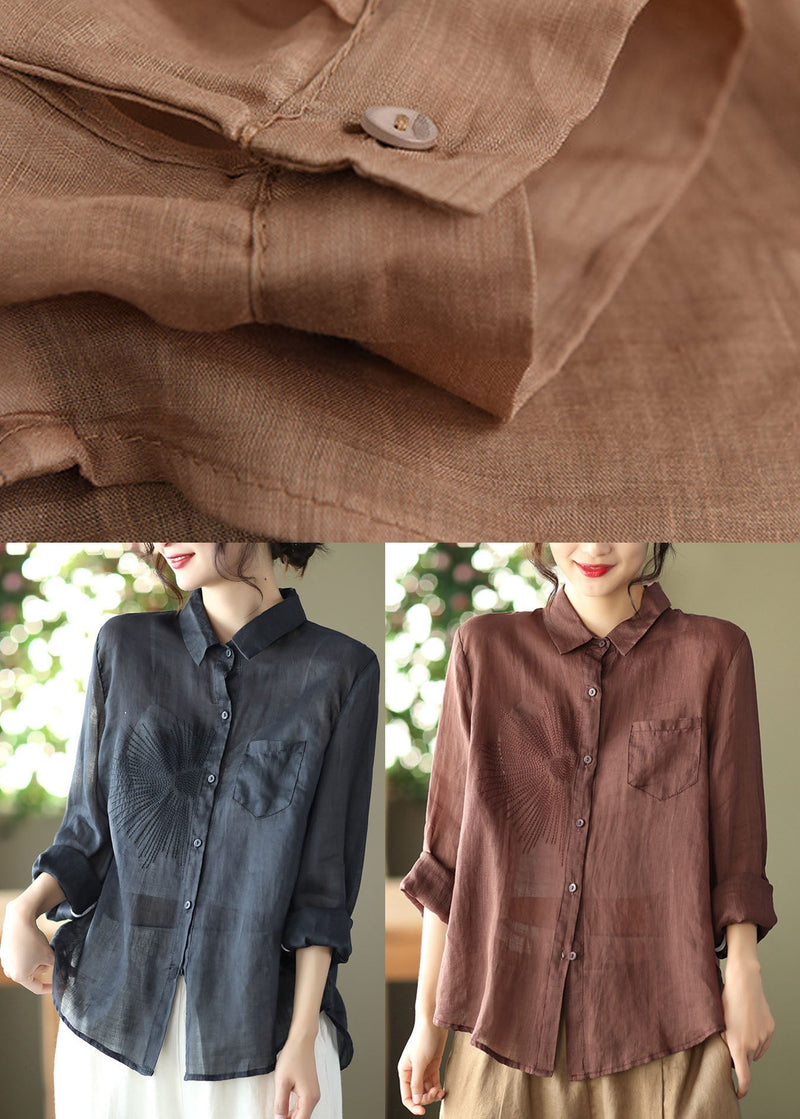 Classy Khaki Embroideried Ramie Top Long Sleeve