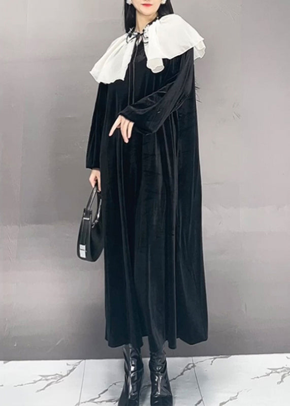 Chice White Sailor Collar Patchwork Silk Velour Maxi Dress Fall