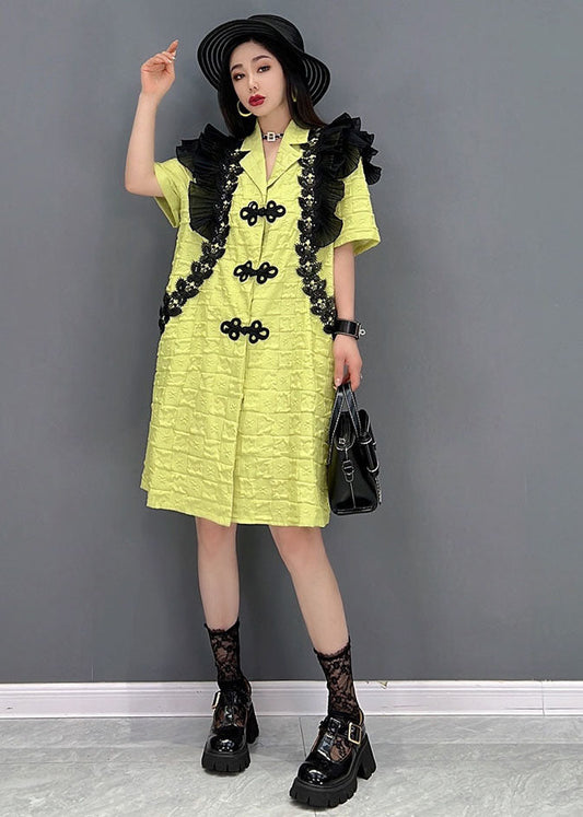 Green Notched Collar Patchwork Ruffles Oriental Button Mid Dresses Short Sleeve