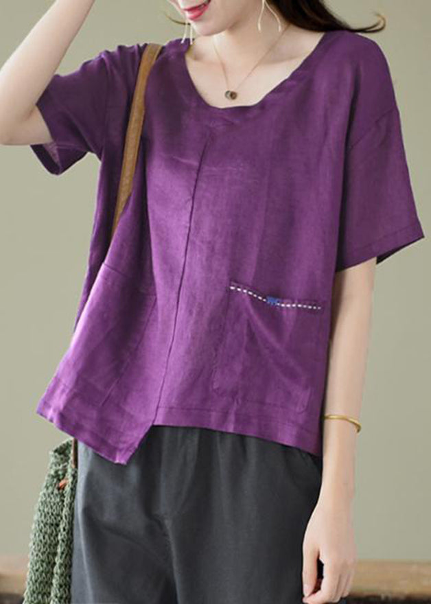 Purple O-neck Asymmetrical Design Pocket Linen Top Short Sleeve