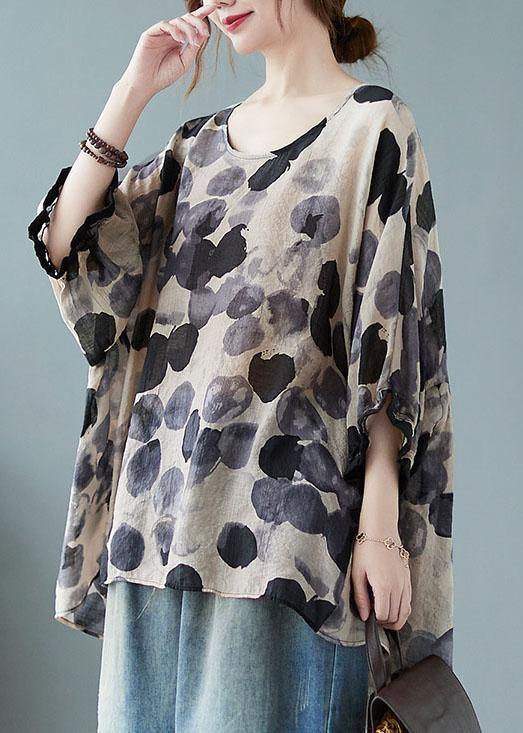 Cotton Linen Gray Dotted Top Batwing Sleeve