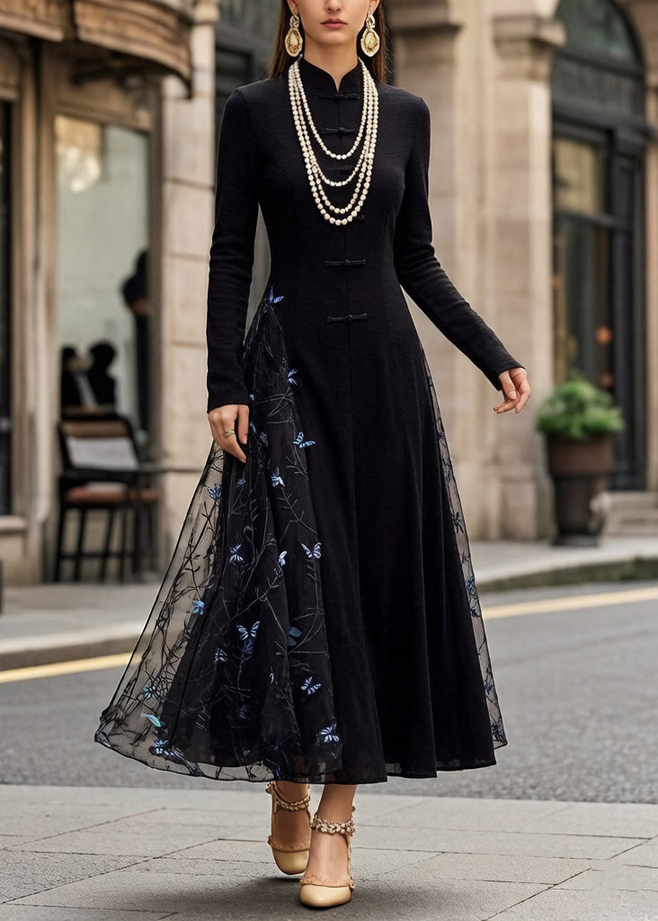 Slim Fit Black Chinese Button Butterfly Tulle Patchwork Long Dresses Spring