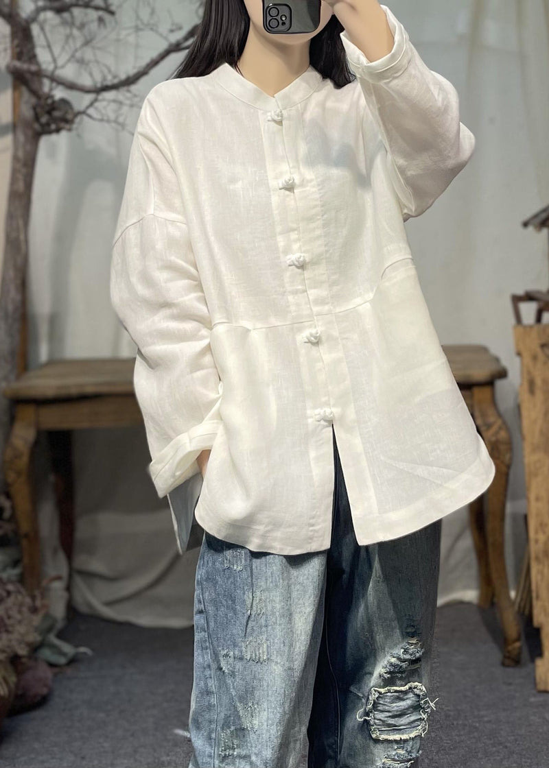 White Stand Collar Pockets Patchwork Linen Shirts Spring