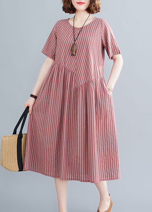Red O-neck Wrinkled Striped Pockets Cotton Long Dress Short Sleeve