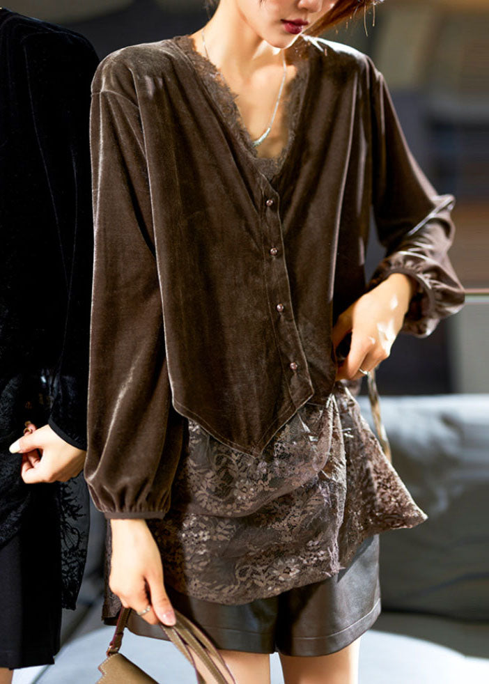 Black V Neck Lace Patchwork Silk Velour Top Long Sleeve