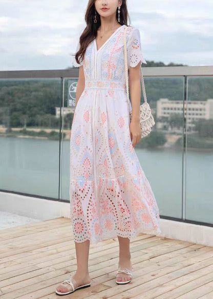 V Neck Hollow Out Linen Long Dress Summer